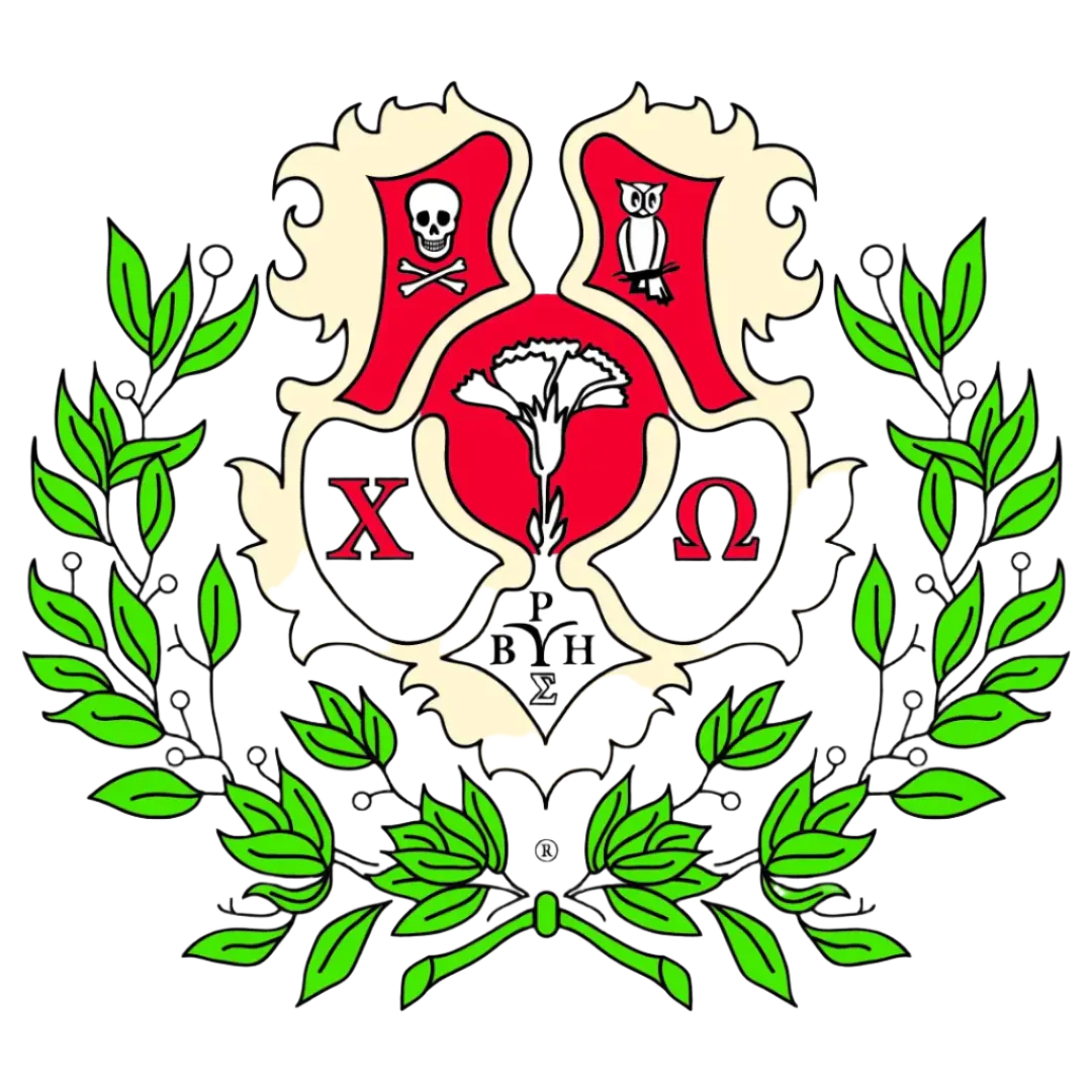 The official Chi Omega sorority crest, representing the Chi Omega collection of custom rugs by Sirenicate Rugs.