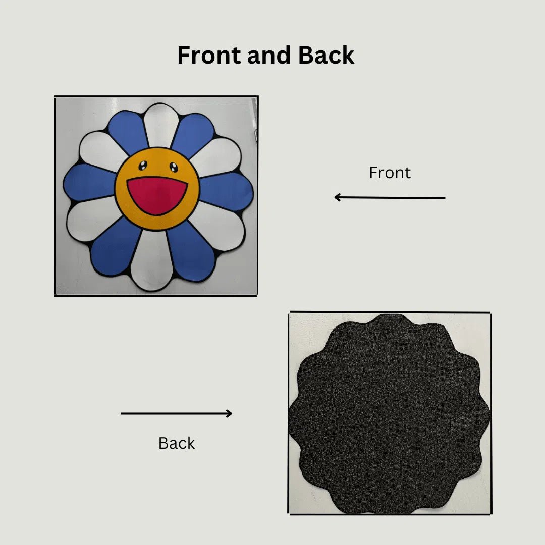 Image showing both the blue printed front and the non-slip rubber backing underneath the rug.