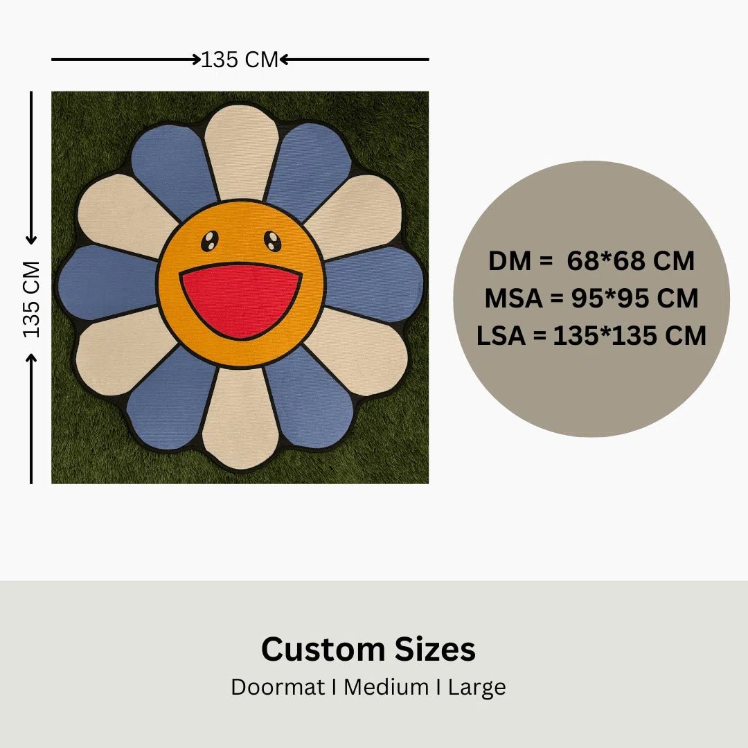 Rug size chart showing three labeled dimensions for the Blue Murakami Flower Rug: small, mid, and large.