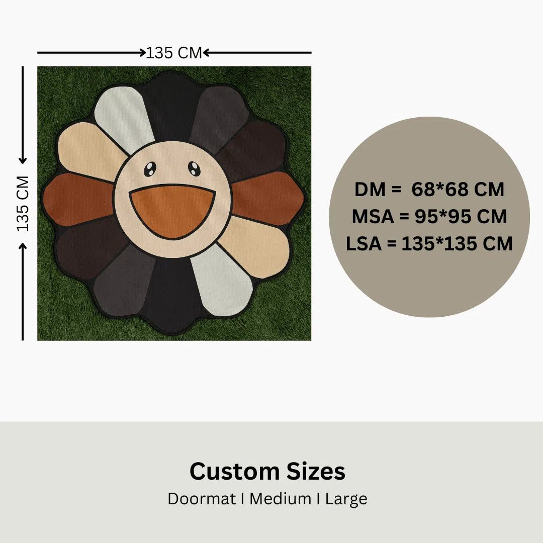 Infographic showing three rug sizes for the Brown Marukami Flower Rug with labeled measurements.