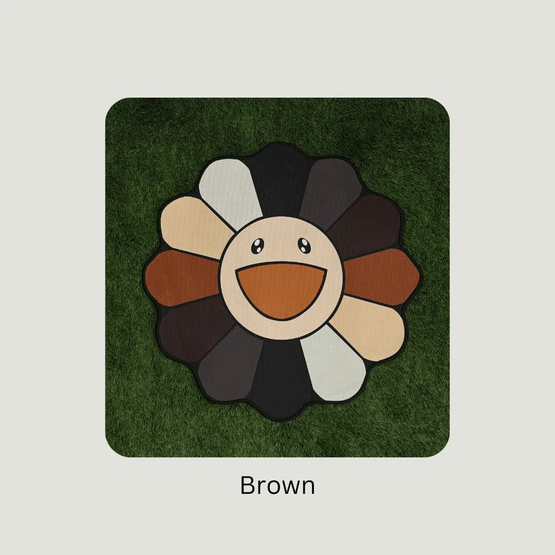 Brown Marukami Flower Rugs in various sizes styled on turf for visual scale and texture contrast.