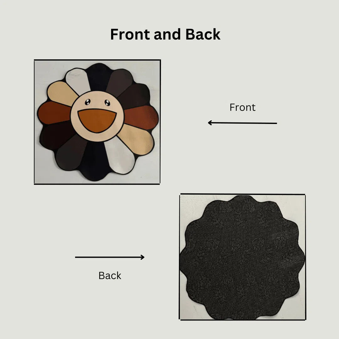 Side-by-side image showing the printed brown flower rug top design and non-slip rubber backing.