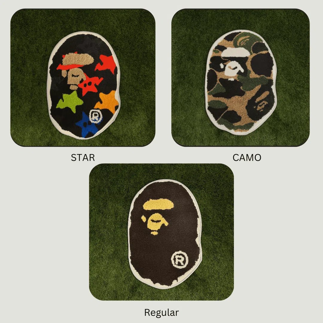 CAMO BAPE Rugs in multiple sizes displayed on turf to show design scale and vibe.