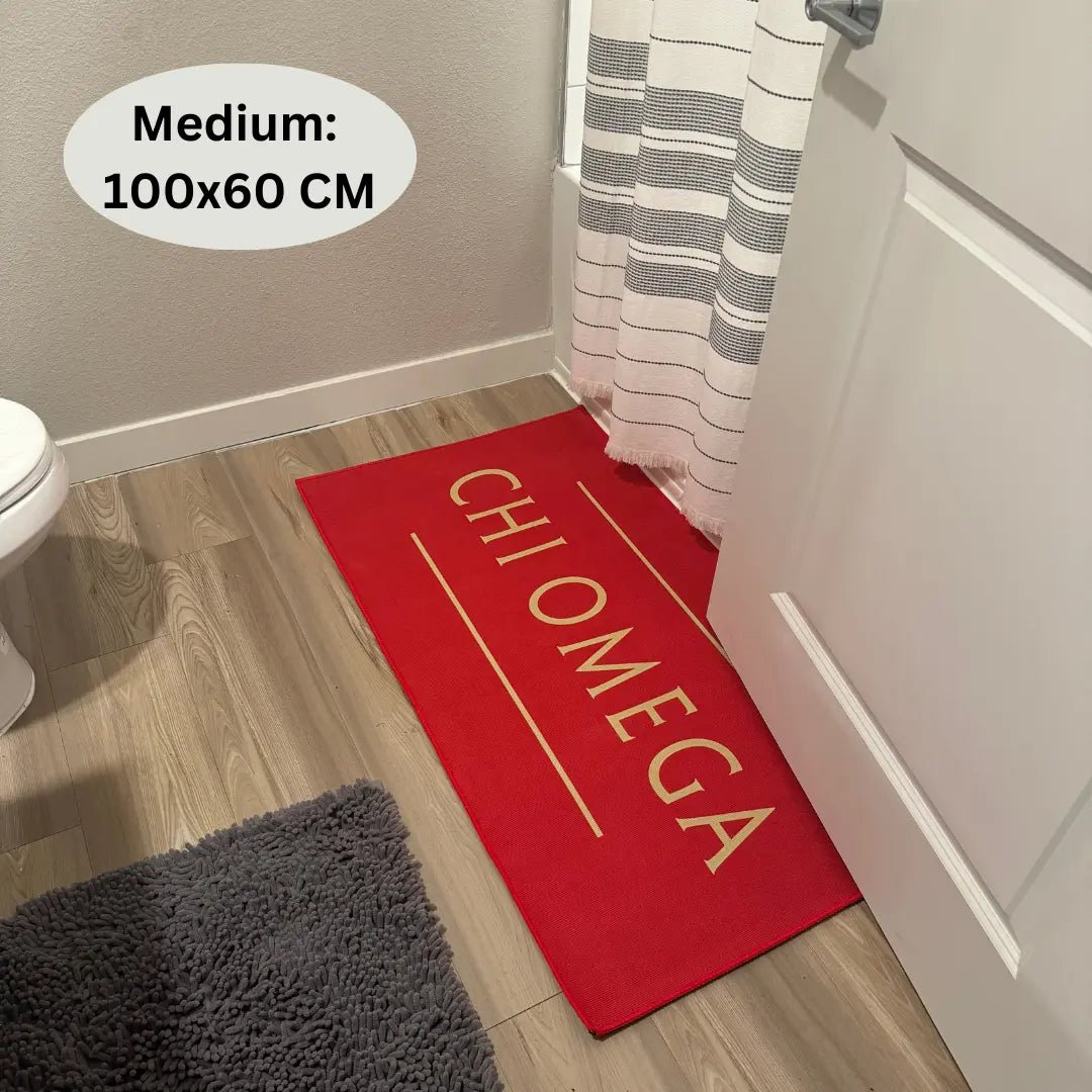 Chi Omega Custom Greek Life Rug – Red with Yellow Letters - Custom Rug | Sirenicate Rugs