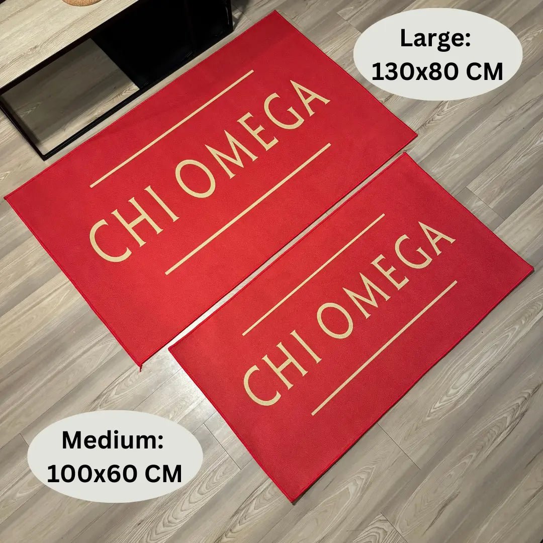 Chi Omega Custom Greek Life Rug – Red with Yellow Letters - Custom Rug | Sirenicate Rugs