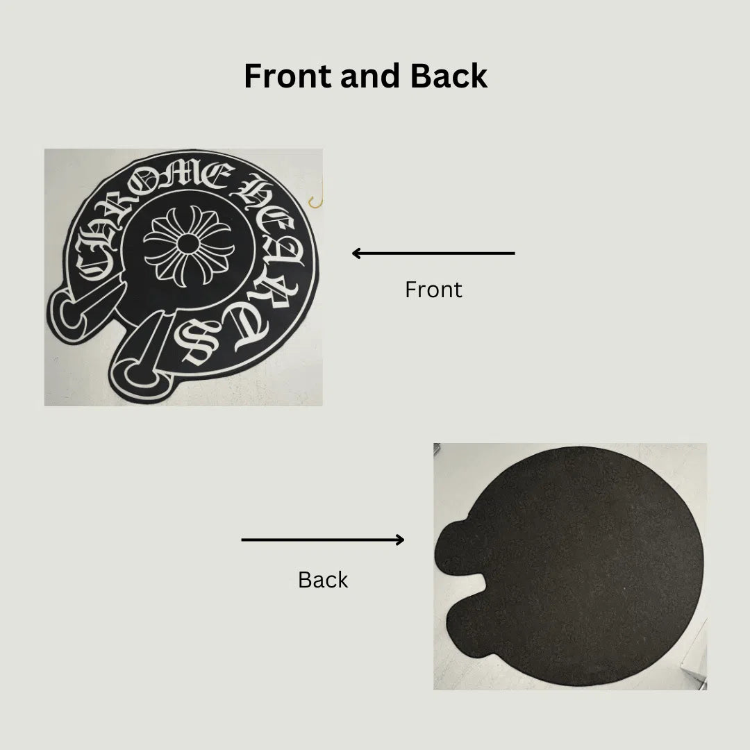 Side-by-side photo of the circle rug’s Gothic cross front and its black non-slip rubber backing.