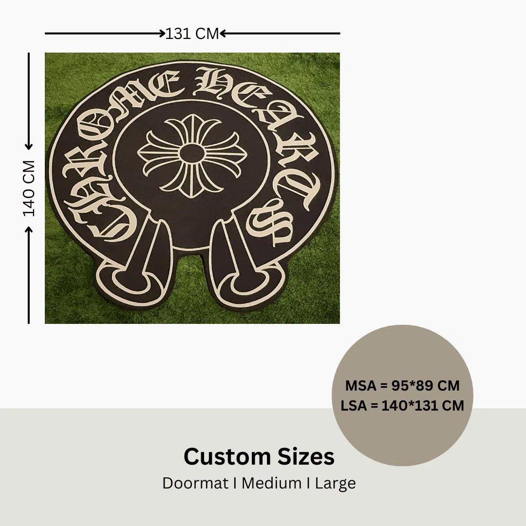 Diagram showing labeled dimensions for medium and large sizes of the Circle Chrome Hearts Rug.