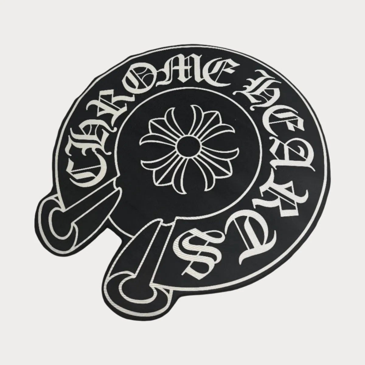 Circle Chrome Hearts Rug featuring iconic Gothic cross logo in black and white, laid flat on a clean background.
