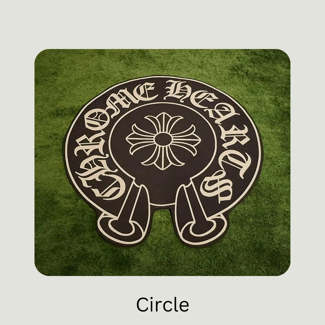 Circle Chrome Hearts Rugs displayed on turf in different sizes, highlighting shape and bold aesthetic.