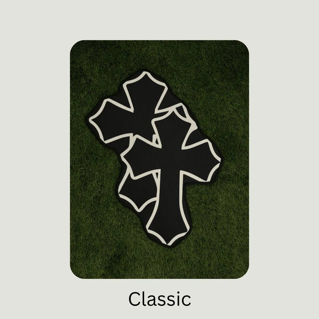 Multiple Chrome Hearts Crosses Rugs placed on turf to showcase scale, layout options, and black-and-white contrast.