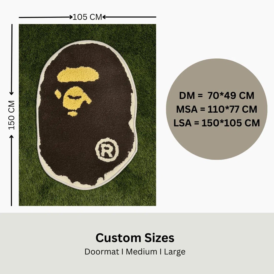 Visual size guide showing small, medium, and large options for the Classic BAPE Rug with measurements.