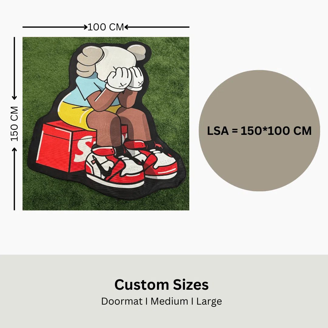Diagram showing the Crying KAWS x Supreme Rug dimensions in centimeters and inches for home layout reference.