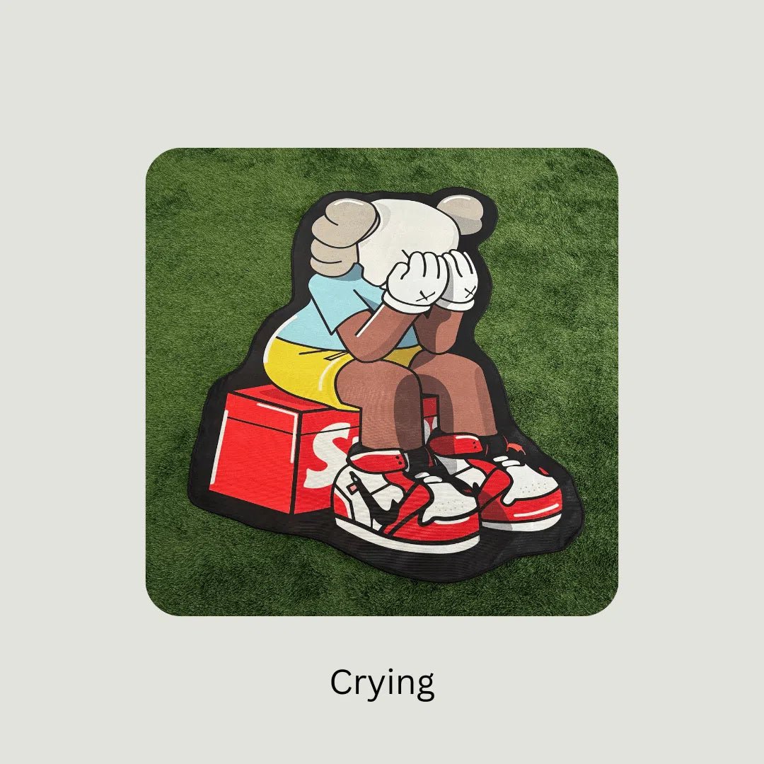Styled photo of the Crying KAWS x Supreme Rug on an artificial turf surface, ideal for modern dorm or streetwear spaces.
