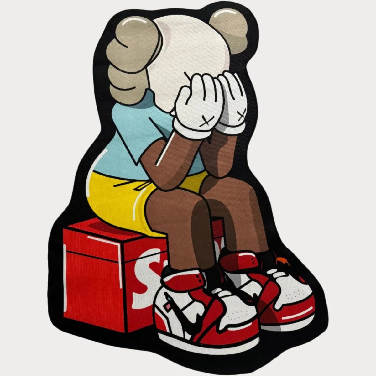 Crying KAWS x Supreme Rug displayed flat, showing bold black-and-white KAWS figure over a red Supreme box logo.