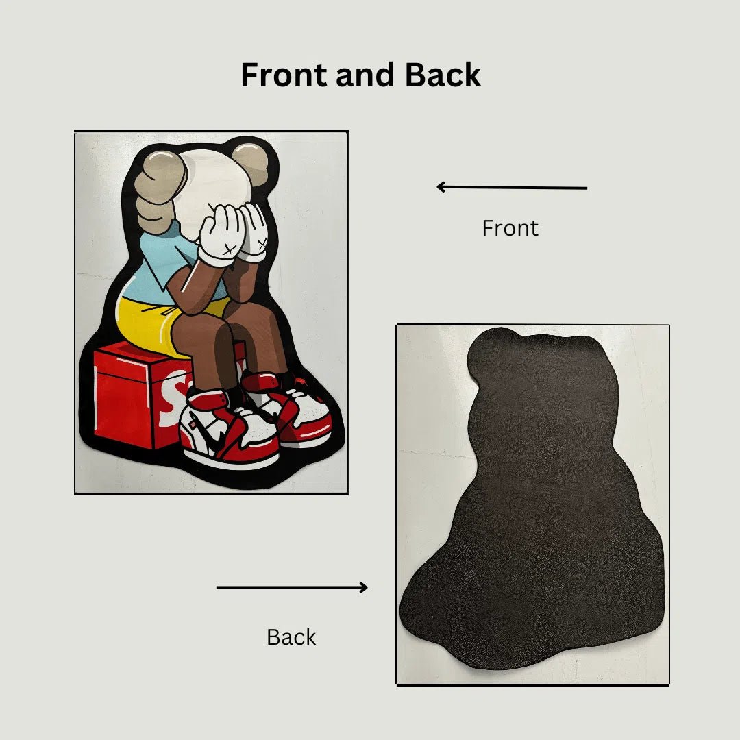 Image showing the front design and the non-slip rubber backing of the Crying KAWS x Supreme Rug side by side.