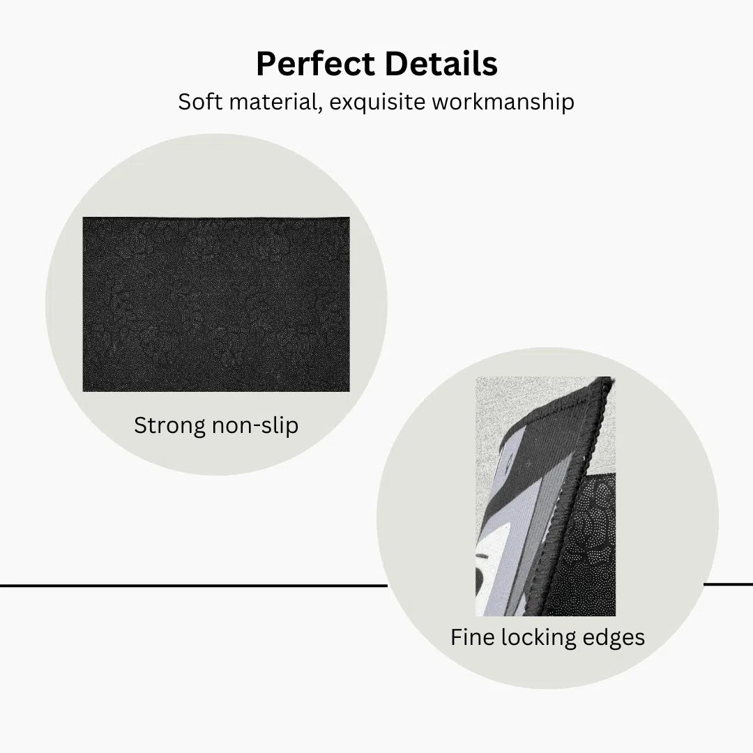 Close-up view of the rug’s texture and stitching detail, highlighting fade-resistant print and premium polyester material.