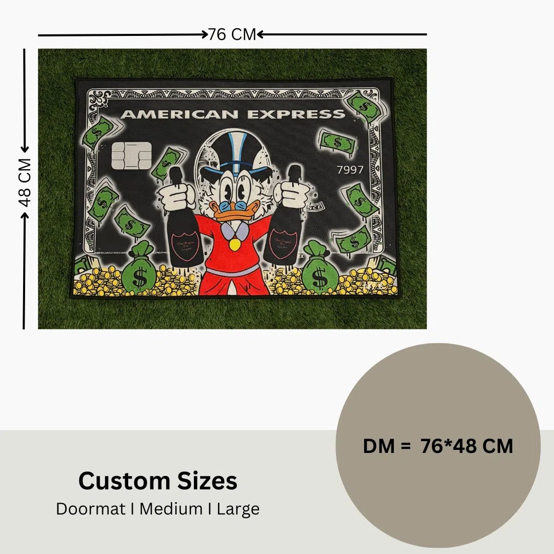 Size diagram showing 76 x 48 cm dimensions for Donald Duck Black Amex custom rug.