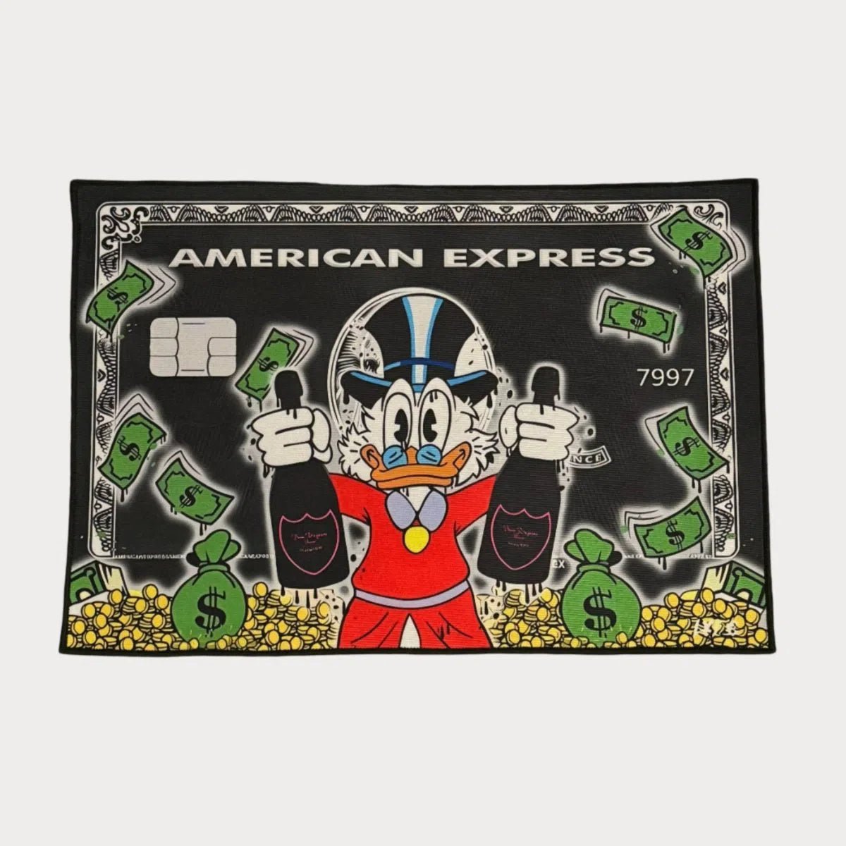 Custom Donald Duck Amex rug with bottles, gold coins, and cash, styled on a white background.