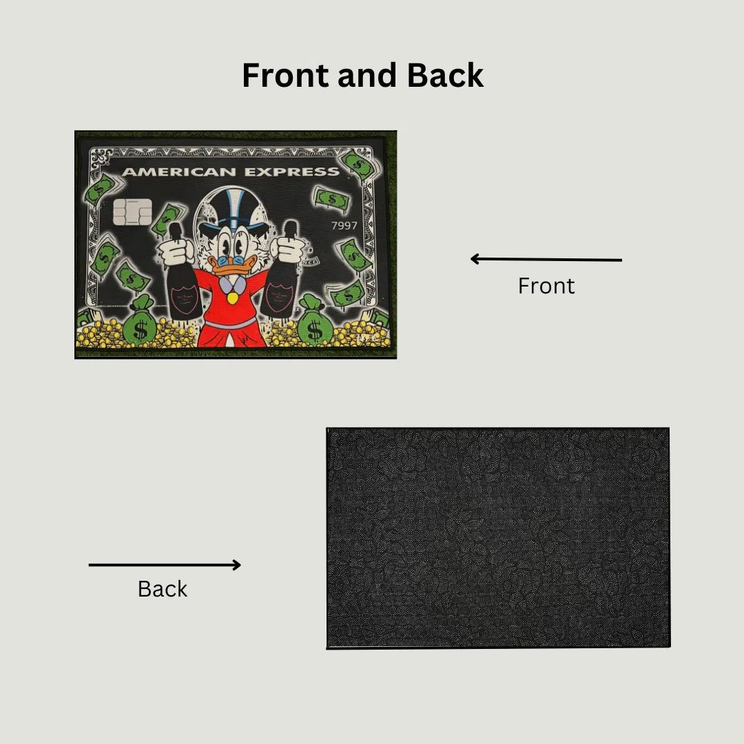 Image showing the printed design on front and non-slip black rubber backing side-by-side.