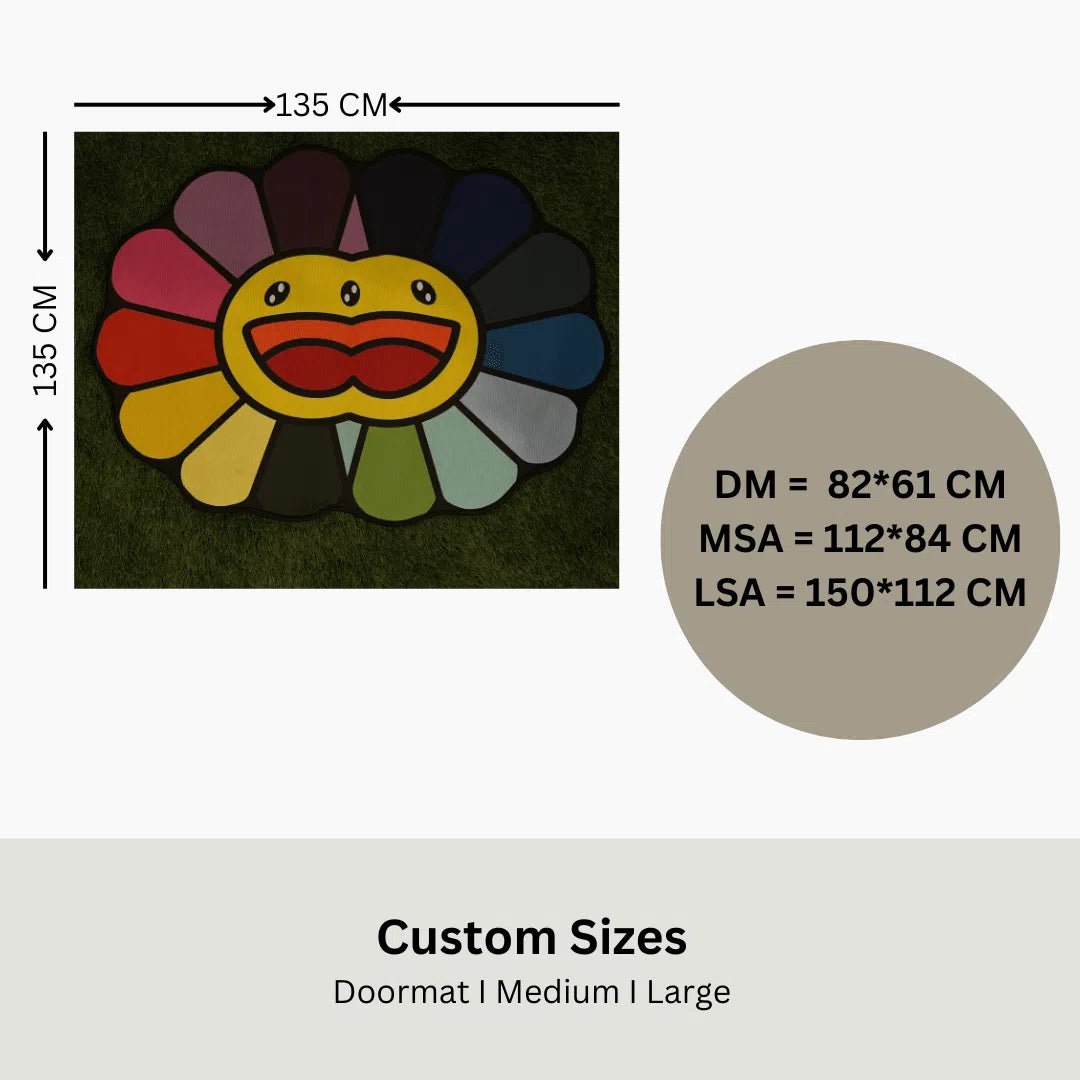 Size guide showing doormat, mid, and large options for the Double Rainbow Flower Rug with clear measurements.