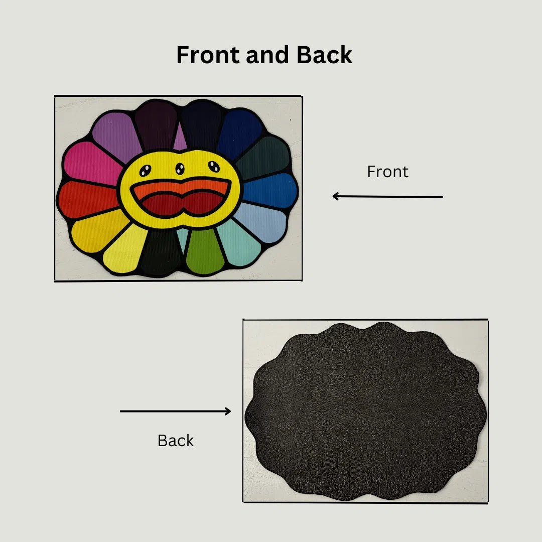 Side-by-side image of the printed flower design on top and non-slip rubber backing underneath.