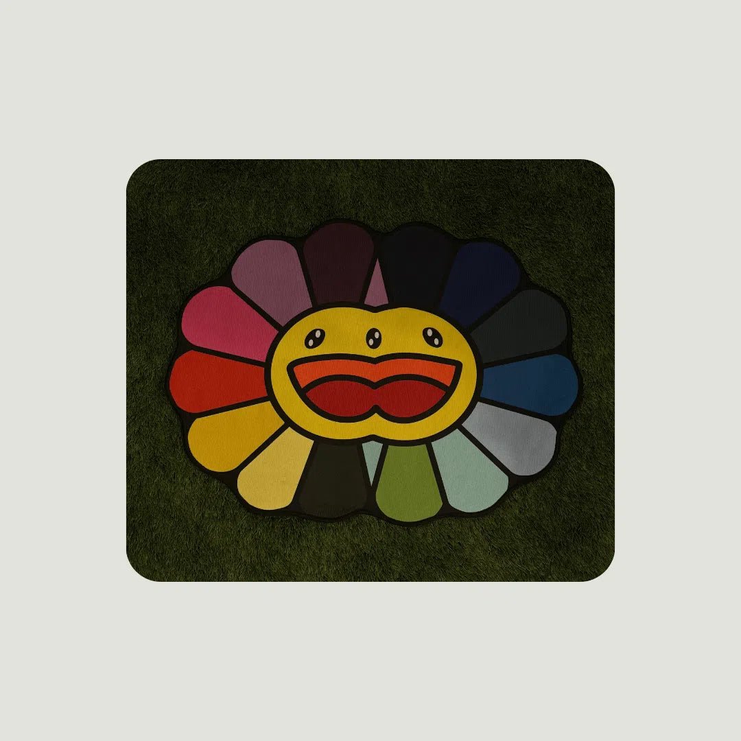 Double Rainbow Flower Rugs in all sizes styled on turf, showing vivid color contrast and sizing scale.