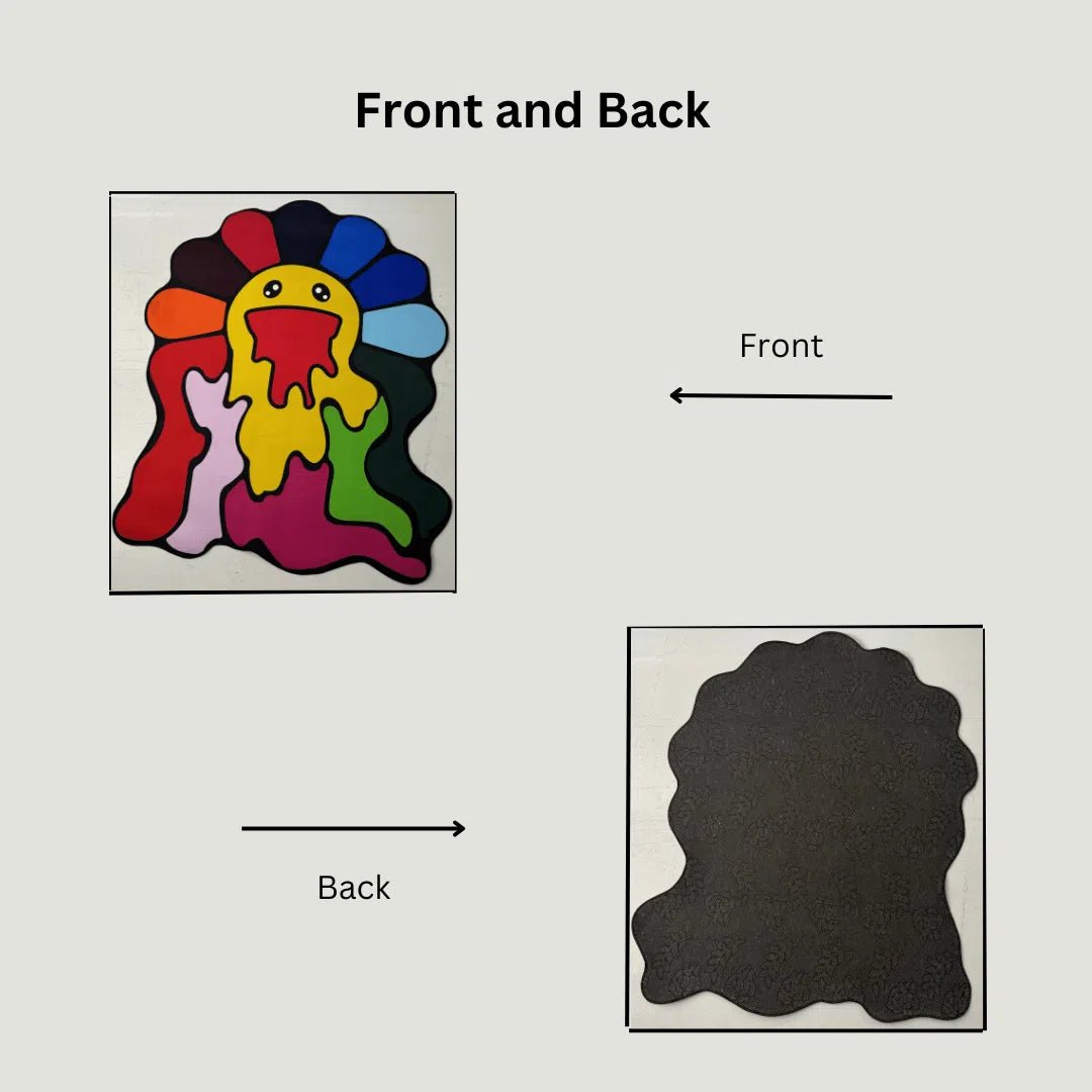 Side-by-side image showing the flower rug’s printed top and non-slip rubber backing.