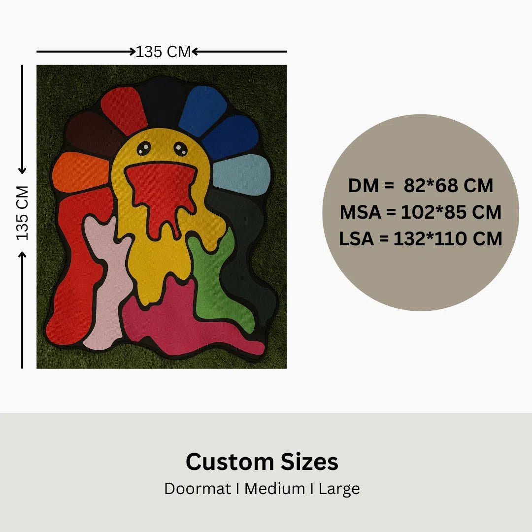 Infographic showing small, mid, and large size dimensions for the Drippy Rainbow Flower Rug.