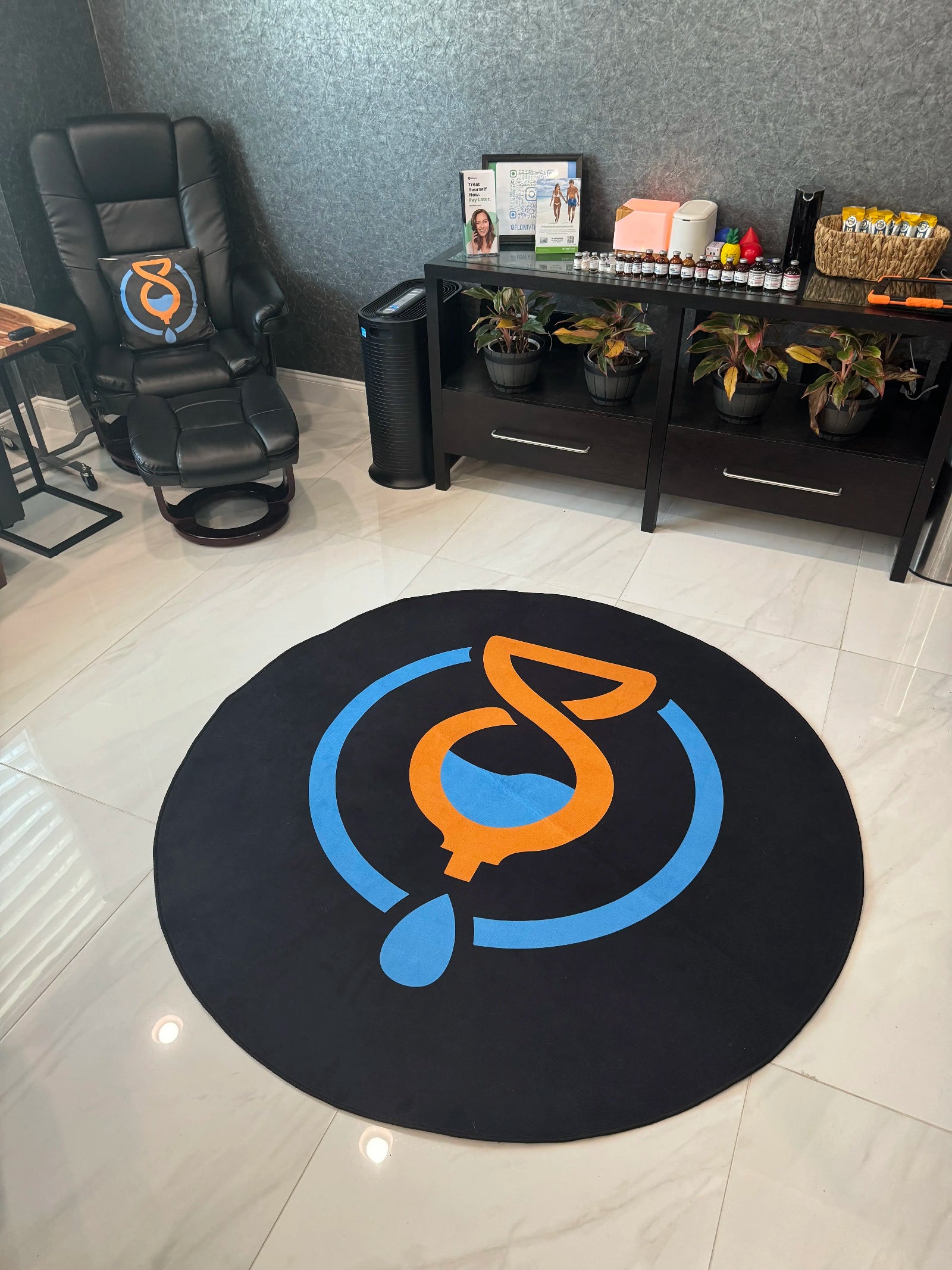 Custom logo rug for FLOW IV wellness center with durable anti-slip backing, designed to elevate business brand identity.