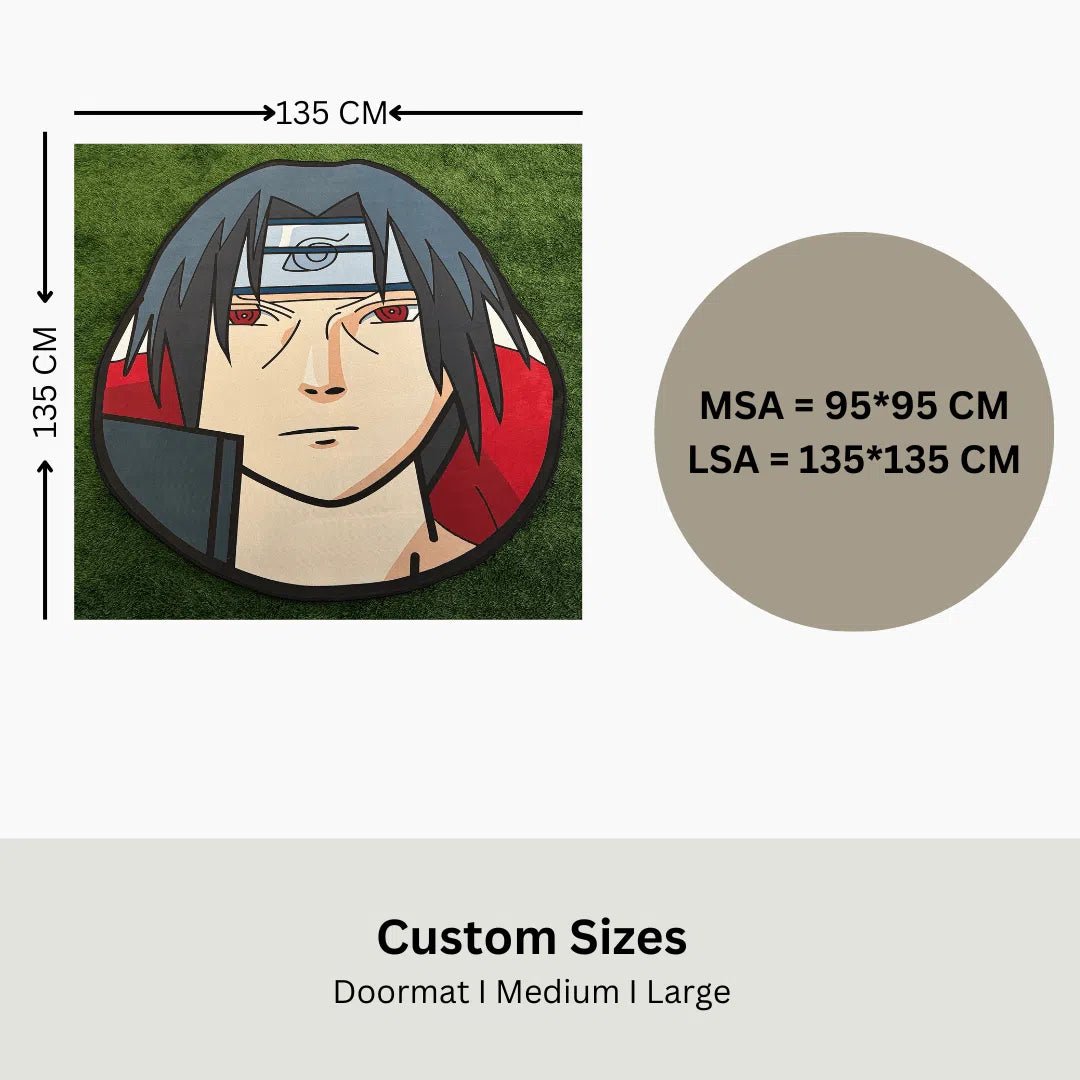 Size guide showing medium and large dimensions for the Itachi Head Rug with labeled measurements.