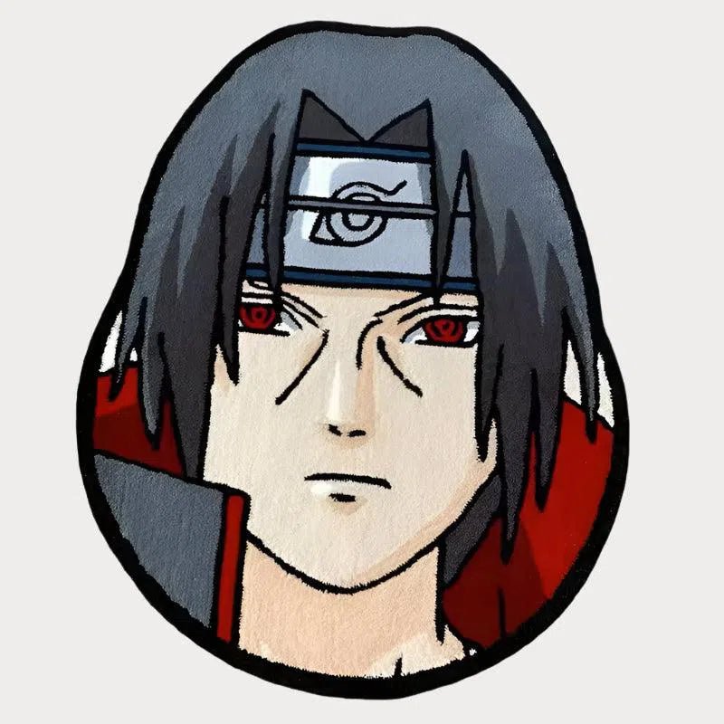 Custom Itachi Head Naruto Rug with dramatic anime illustration, laid flat on white background.