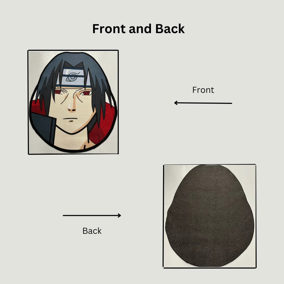 Side-by-side view of the rug's printed anime front and non-slip black rubber backing.