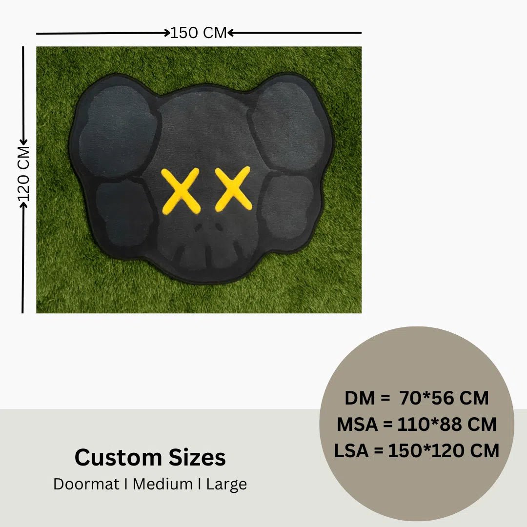 Rug size guide for the KAWS Gold Accent Edition showing dimensions for small, medium, and large formats.