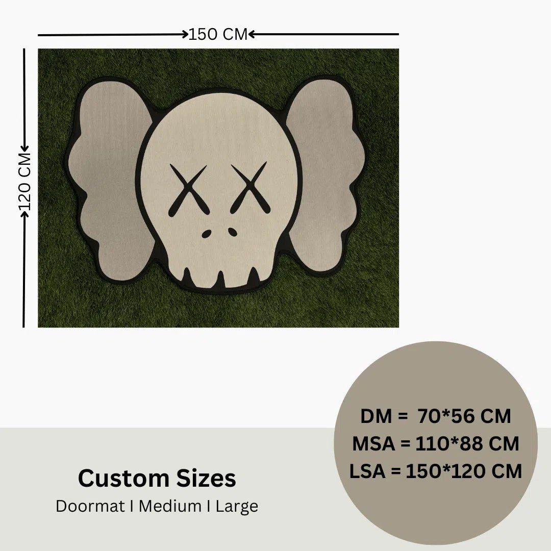 Size guide showing dimensions for small, medium, and large KAWS Head Rug in grey tone.