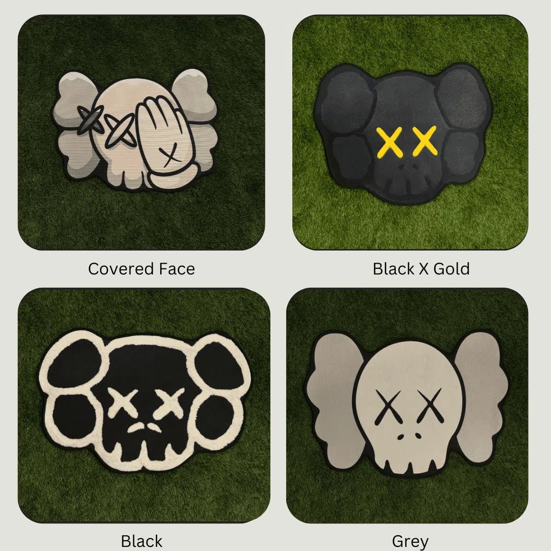KAWS Head Rug in grey tone displayed on turf, highlighting scale, silhouette, and soft material.
