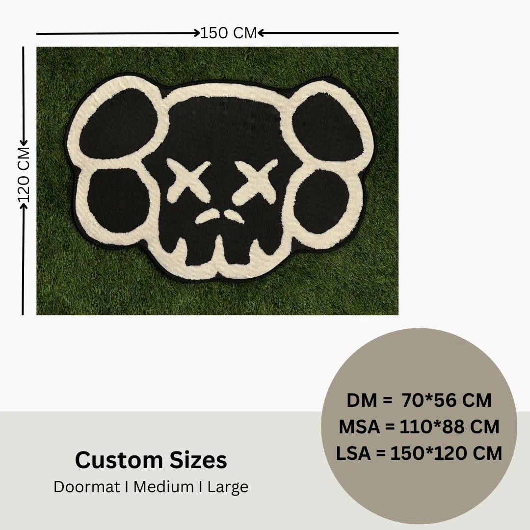 KAWS Monochrome Edition rug size guide with labeled dimensions for small, medium, and large sizes.