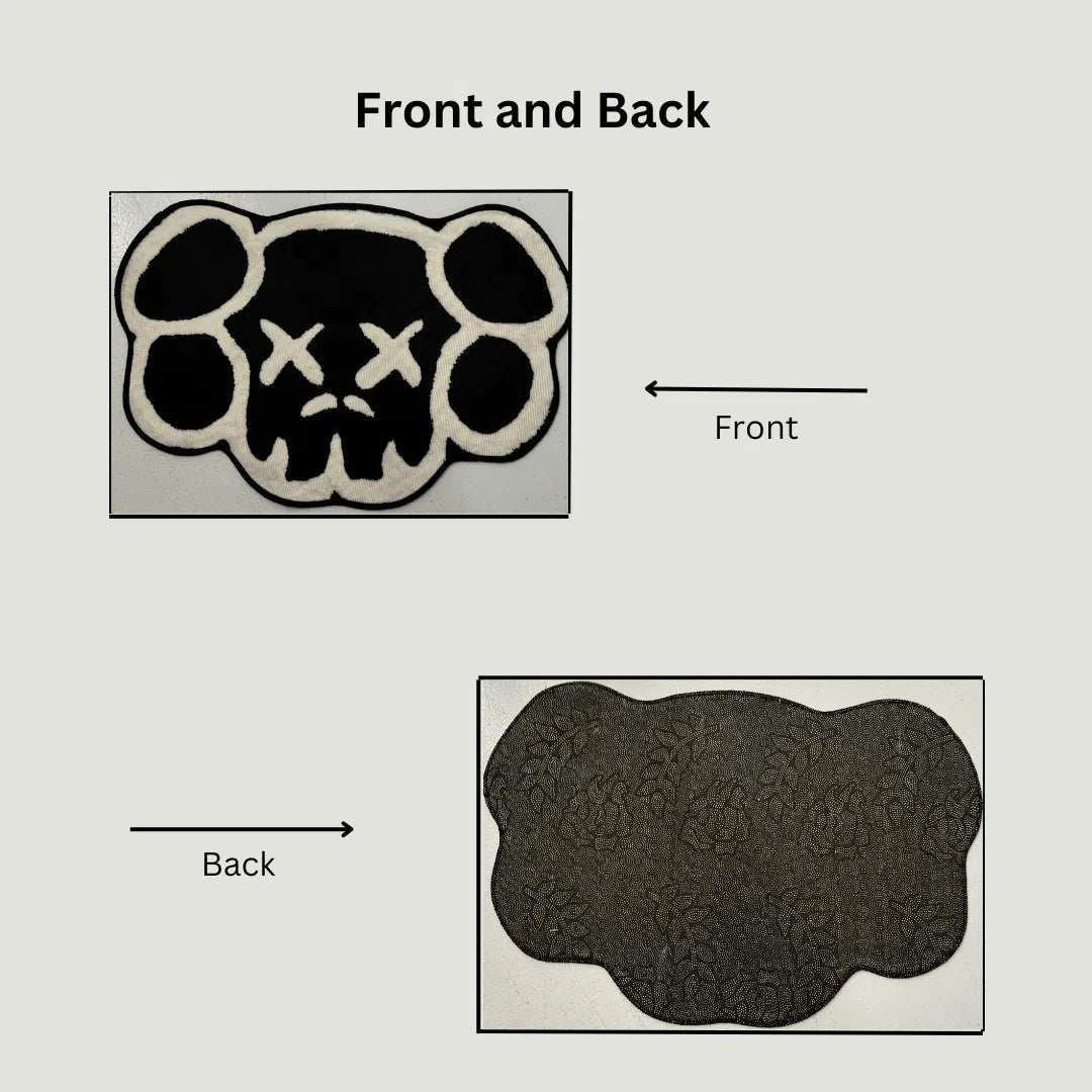 Side-by-side display of the rug's front design in black & white and its non-slip rubber backing.