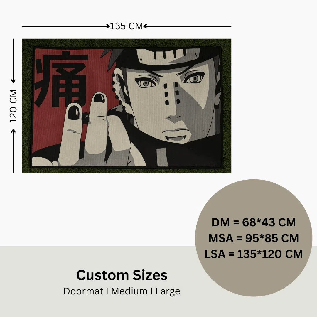 Visual size chart showing doormat, medium, and large dimensions for the Pain Rug with labels.