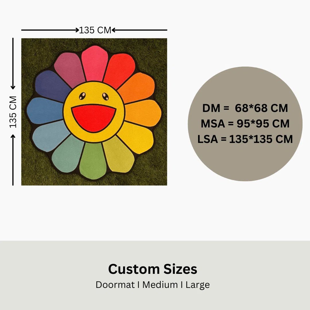 Rug size chart showing dimensions for doormat, medium, and large Rainbow Flower Rugs.