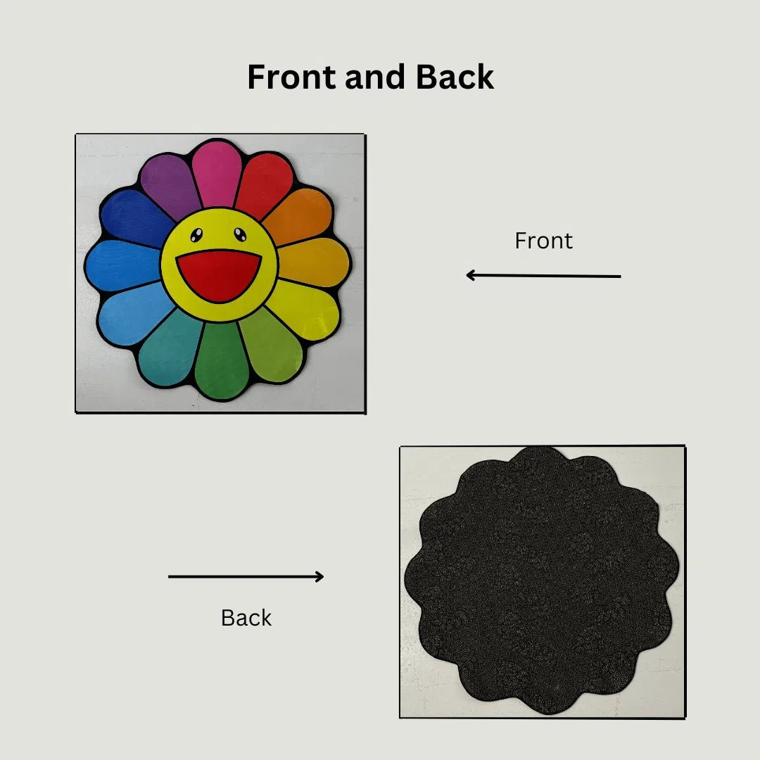 Side-by-side image showing the rug’s colorful flower top design and its black anti-slip rubber bottom.