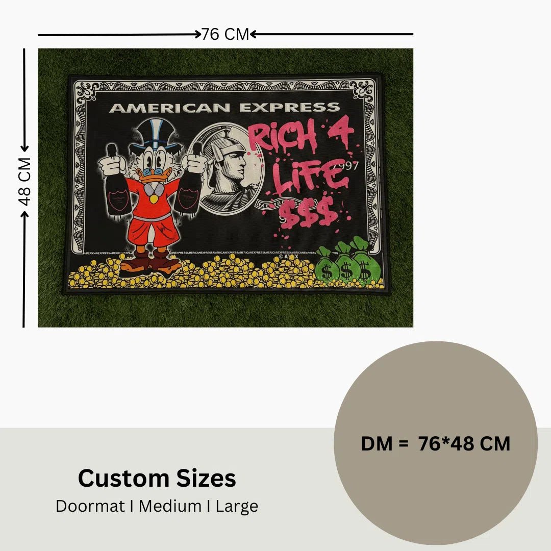 Rug size chart showing 76 x 48 cm dimensions for Rich 4 Life Black Amex edition.