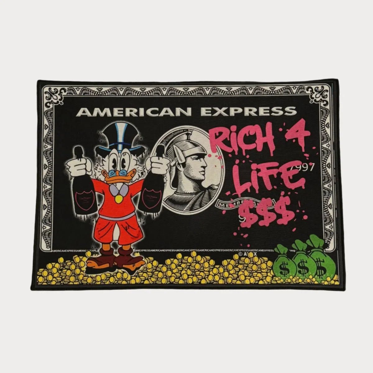 Custom Rich 4 Life Amex rug featuring Donald Duck in luxury streetwear with bottles, coins, and graffiti text.