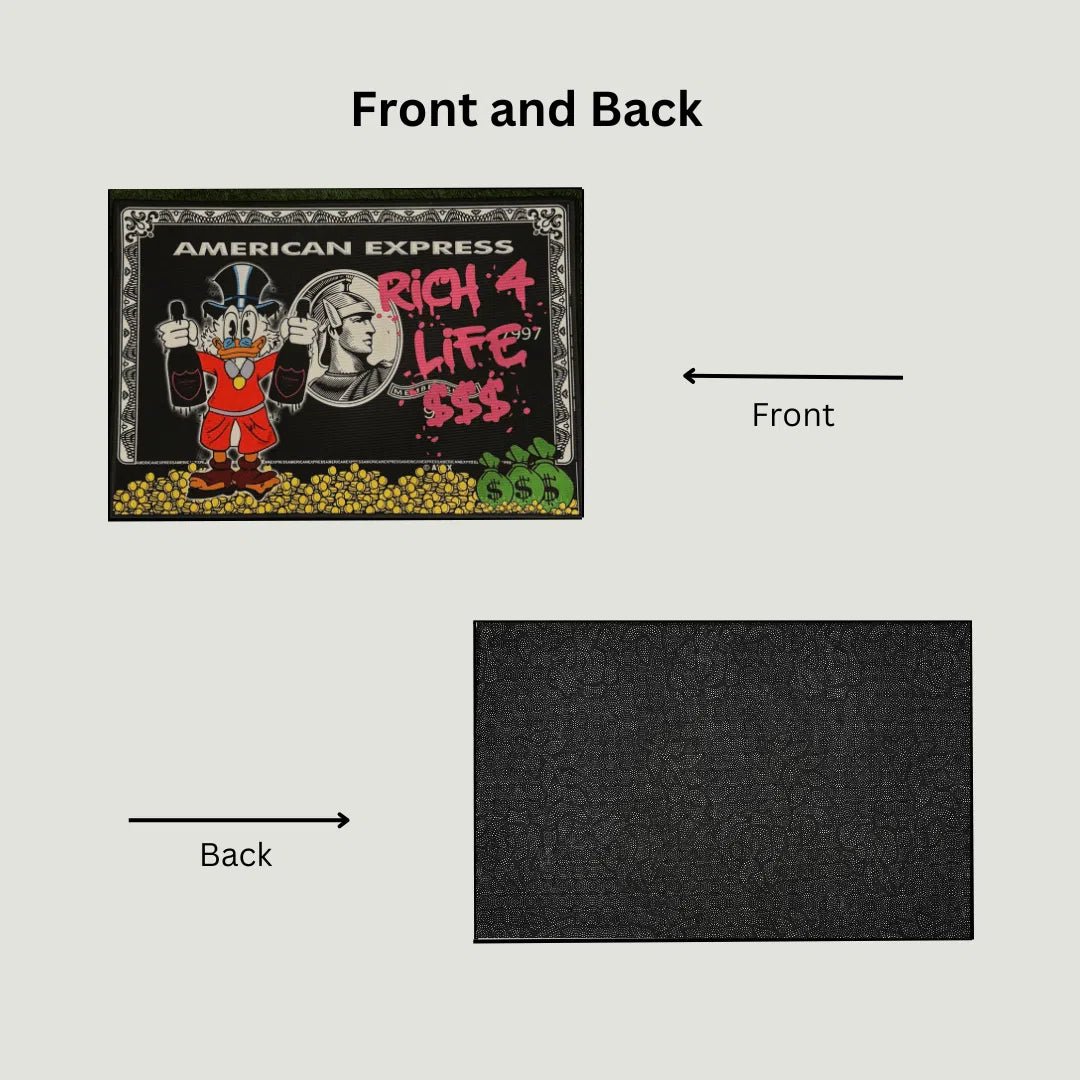 Side-by-side display of printed Donald Duck design and black rubber non-slip rug backing.