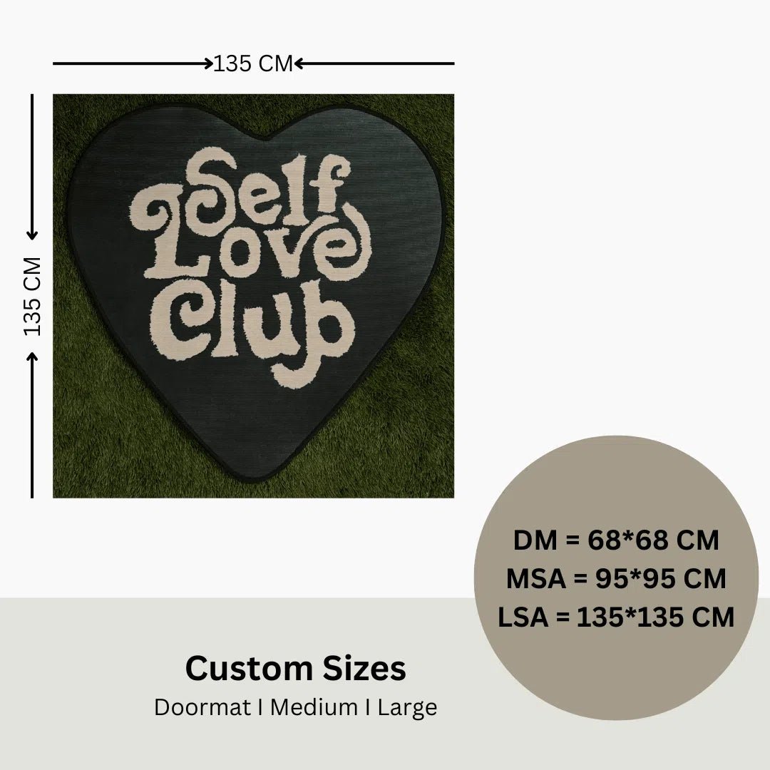 Size guide showing small, medium, and large rug dimensions for the Self Love Club Green Heart Rug.