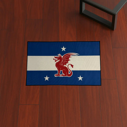Beta Theta Pi Dragon Flag custom rug by Sirenicate Rugs, prominently displayed on a vibrant dark hardwood floor background, size medium.