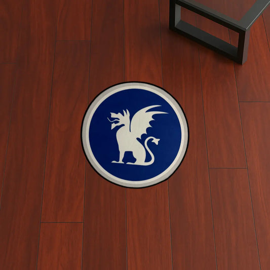 Custom Rug – Beta Theta Pi Dragon Blue Circle custom rug by Sirenicate Rugs, prominently displayed on a vibrant dark hardwood floor background.