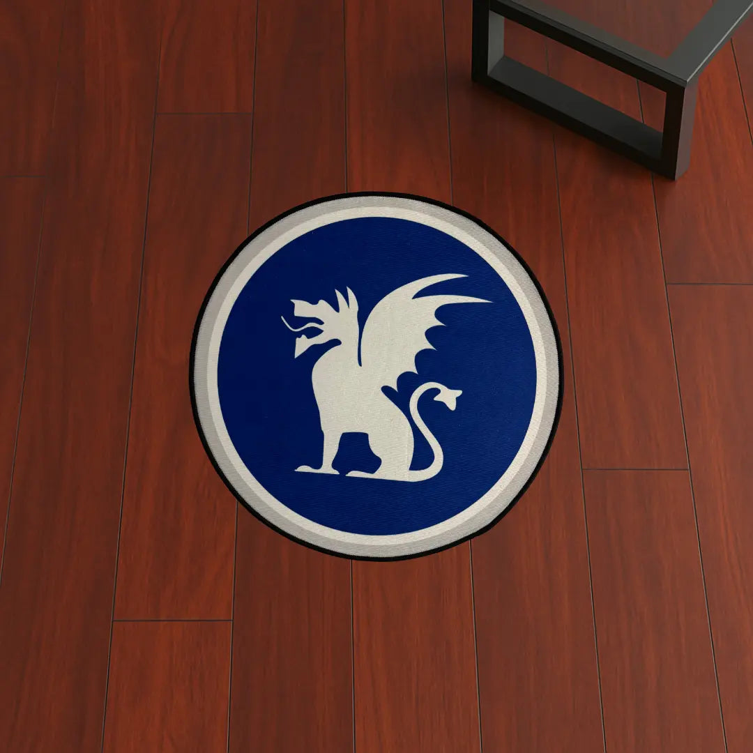 Custom Rug – Beta Theta Pi Dragon Design custom rug by Sirenicate Rugs, prominently displayed on a vibrant dark hardwood floor background.