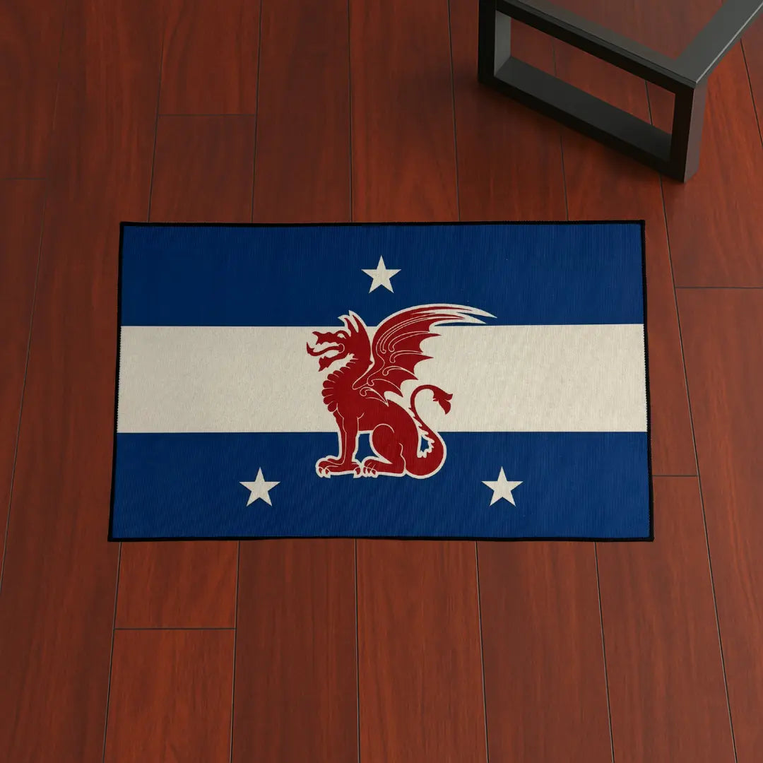 Custom Rug – Beta Theta Pi Dragon Flag custom rug by Sirenicate Rugs, prominently displayed on a vibrant dark hardwood floor background.