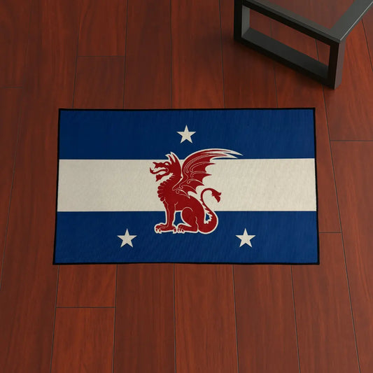 Custom Rug – Beta Theta Pi Dragon Flag custom rug by Sirenicate Rugs, prominently displayed on a vibrant dark hardwood floor background.