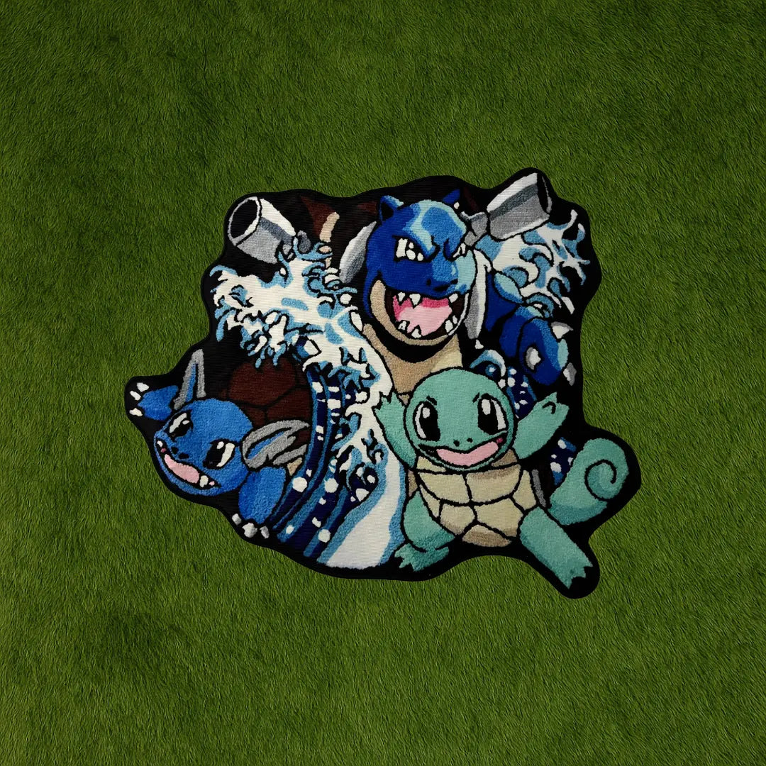 Blastoise Evolution 1 Rug – Final Form Pokémon Art custom rug by Sirenicate Rugs, prominently displayed on a vibrant dark green turf background.